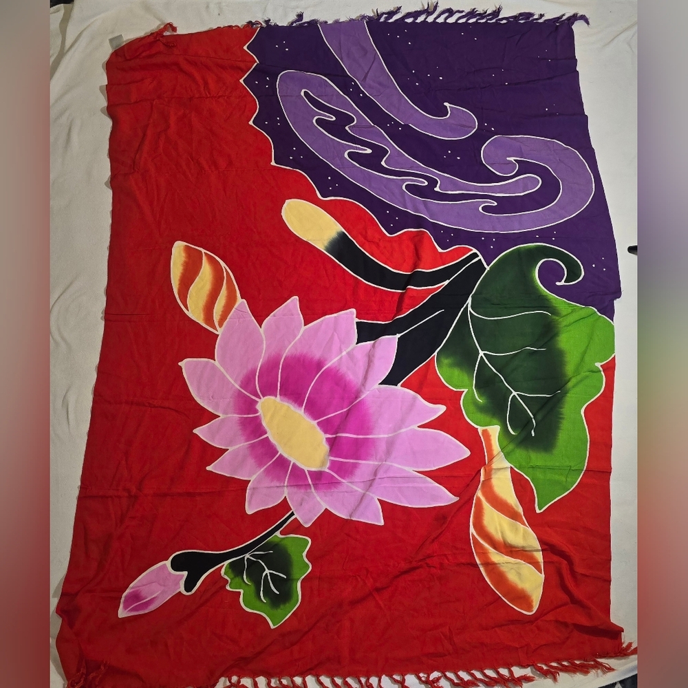 Batik Hand Made Indonesian Rayon Sarong Pareo Large Pink Lotus Flower Red Purple